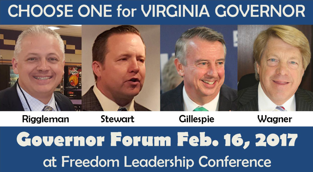 All four candidates for Governor of Virginia have been invited to speak to the 2/16 Freedom Leadership Conference. Three told us we are on their schedule. Corey Stewart is the first to confirm he will attend for certain.